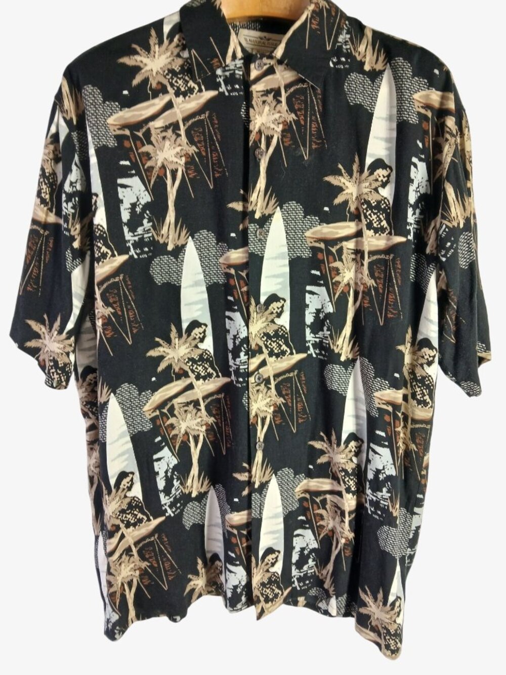 Vintage 90s Natural Issue Rayon Hawaiian Surfboard Shirt Men Size M Aloha Drums